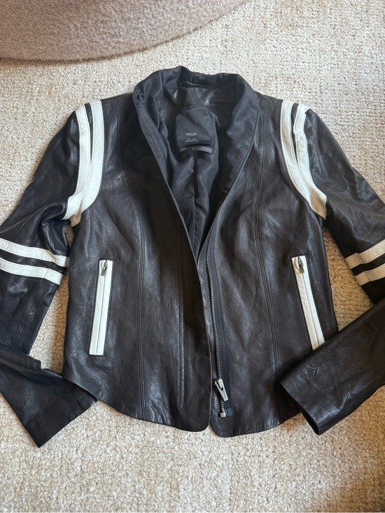 Veda Jackets & Blazers - Veda Black Leather Jacket with White Racing Stripes